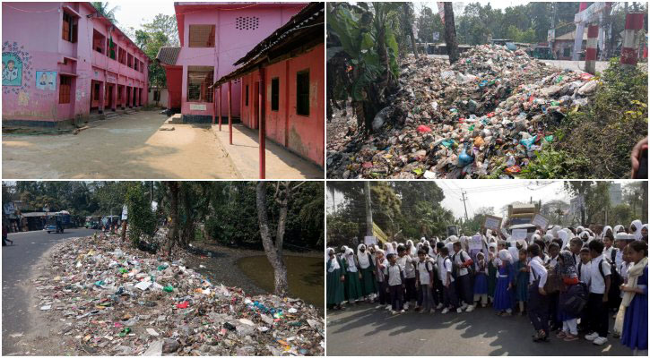 বিদ্যালয়ের পাশে ময়লার ভাগাড়, দুর্গন্ধে রাস্তায় শিক্ষার্থীরা